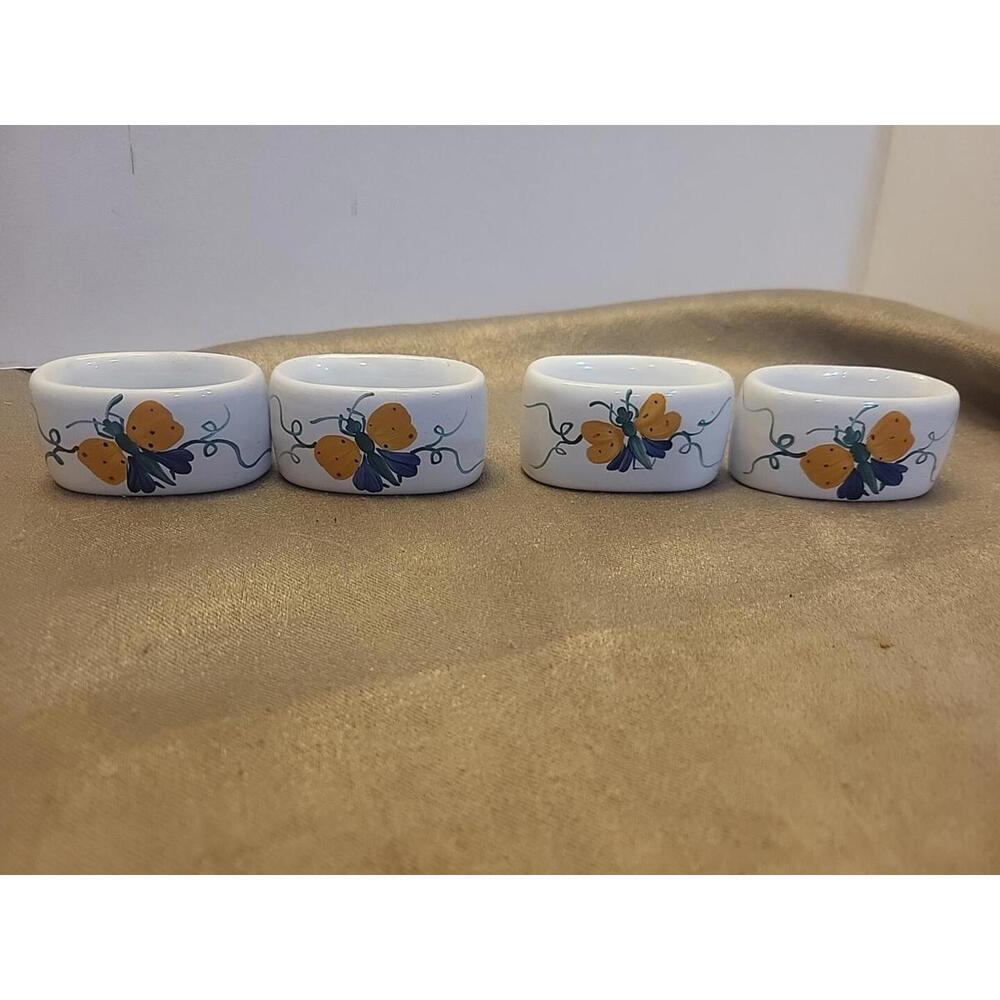 Herend Village Pottery Set Of 4 Hand Painted Vintage Butterfly Napkin Rings